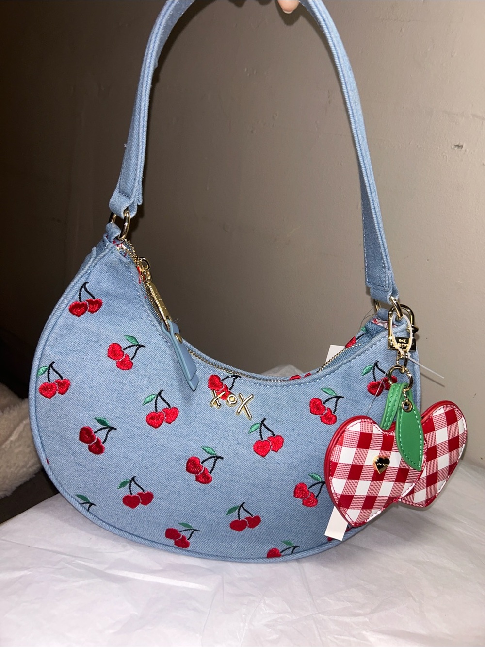 Betsey Johnson denim shoulder bag with red cherry print, detachable bag CharmNWT